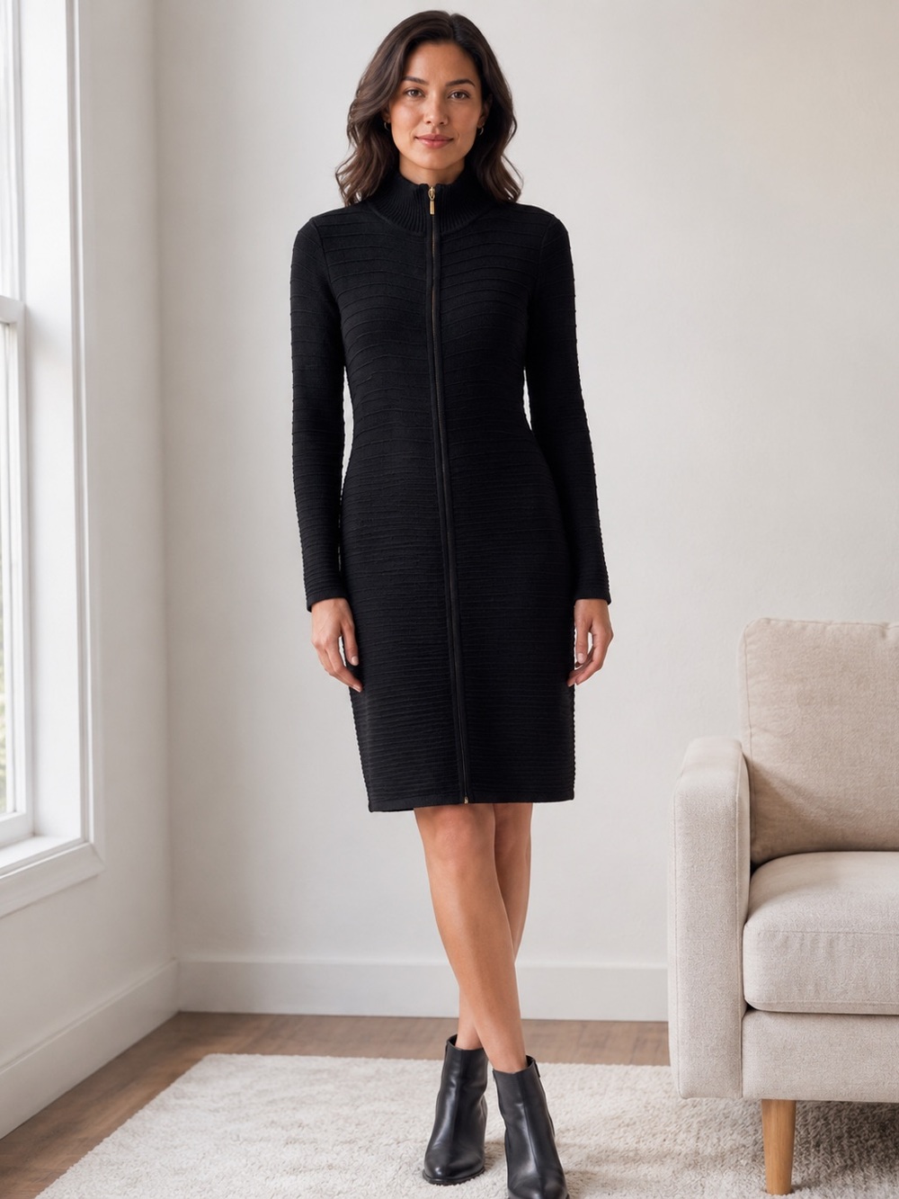 Calvin Klein Black Full Zip Ribbed Sweater Dress S